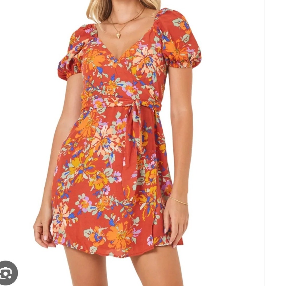 L Space Cambria Dress Orange Floral Wrap Mini Puff Sleeve Summer Feminine XS New